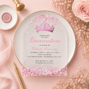 Invitation Élégante Couronne de Fleurs Rose pour Q
