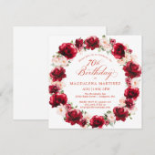 Invitation Élégante couronne de fleurs rose rouge 70e anniver (Devant / Derrière)