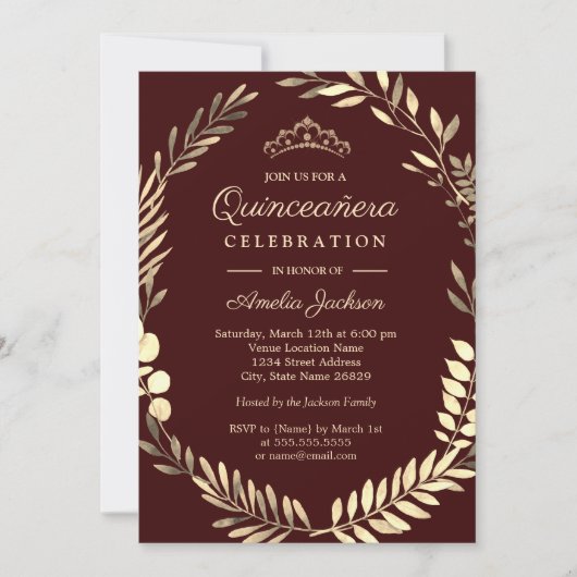 Invitation Elégante couronne d'or de Bourgogne Quinceanera (Devant)