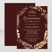 Invitation Elégante couronne d'or de Bourgogne Quinceanera (Devant / Derrière)