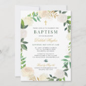 Invitation Élégante couronne florale Baptême bébé fille verte (Devant)