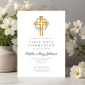 Invitation Élégante couronne florale Croix première communion