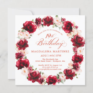 Invitation Élégante couronne florale rose rouge 19e anniversa