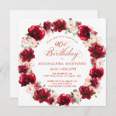 Invitation Élégante couronne florale rose rouge 90e anniversa (Devant / Derrière)