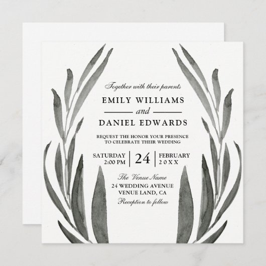 Invitation Élégante couronne Mariage noir & blanc simple feui (Devant / Derrière)