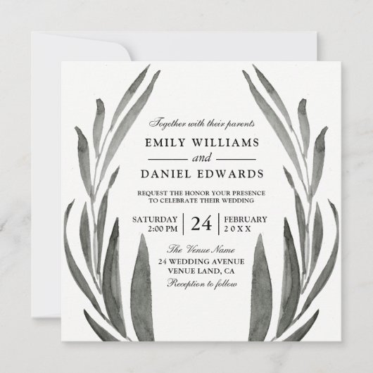 Invitation Élégante couronne Mariage noir & blanc simple feui (Devant)