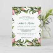 Invitation Élégante couronne verte Mariage rose bud Célébrati (Debout devant)