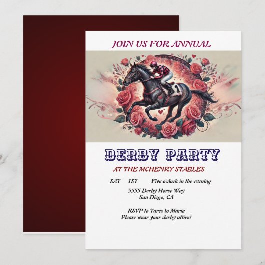 Invitation Elégante course Horse Derby fête Anniversaire Invi (Devant / Derrière)