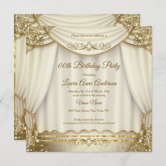 Invitation Elégante Crème Beige Or Perle Drapes Anniversaire (Devant / Derrière)
