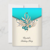Invitation Elégante Crème Bleue Turquoise Bijou Blanc Fête d' (Devant)