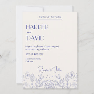 Invitation Elégante Crème & Blue Floral Line Mariage Inviter