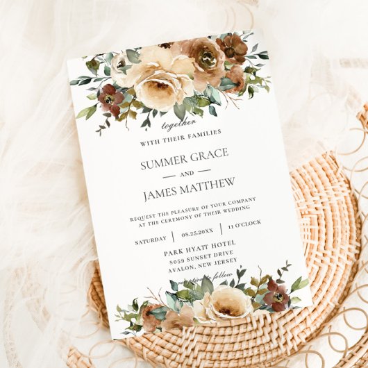 Invitation Elégante Crème Brown Roses Floral Vert Mariage