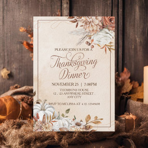 Invitation Elégante Crème Brown Rustique Floral Thanksgiving