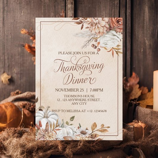 Invitation Elégante Crème Brown Rustique Floral Thanksgiving