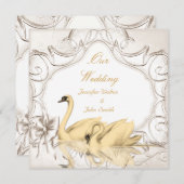 Invitation Elégante Crème de mariage Or Blanc Swans Bow Set (Devant / Derrière)