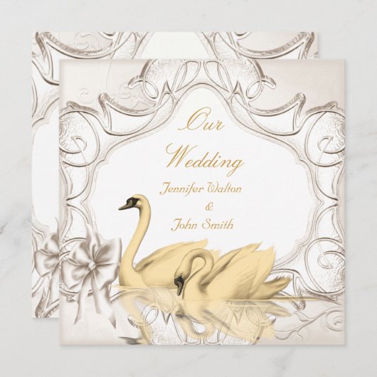 Invitation Elégante Crème de mariage Or Blanc Swans Bow Set (Devant / Derrière)