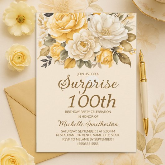 Invitation Elégante Crème d'ivoire jaune Floral Surprise 100e