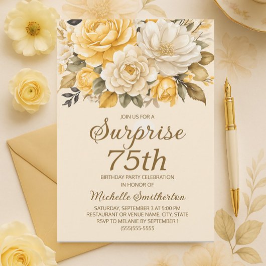 Invitation Elégante Crème d'ivoire jaune Surprise florale