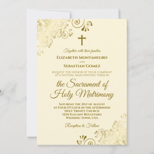 Invitation Elégante Crème d'ivoire & Or Mariage catholique mo (Devant)
