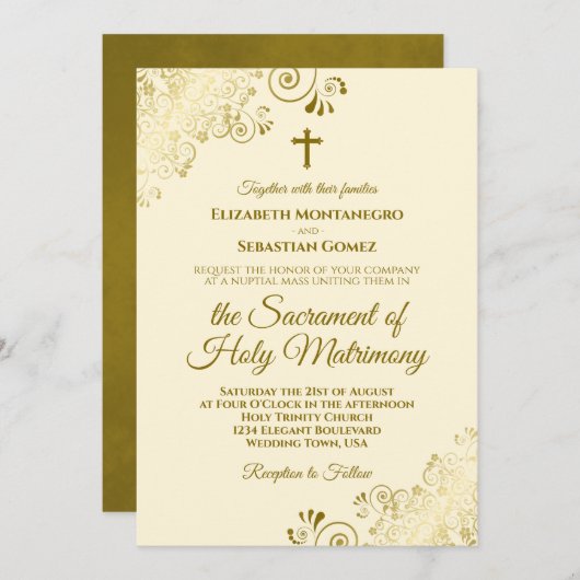 Invitation Elégante Crème d'ivoire & Or Mariage catholique mo (Devant / Derrière)
