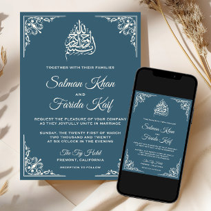 Invitation Elégante crème Dusty Bleu musulman musulman Mariag