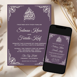 Invitation Elégante crème Dusty violet Mariage musulman islam