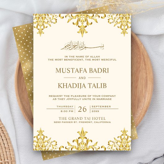 Invitation Elégante crème et or Foil Damask Mariage islamique