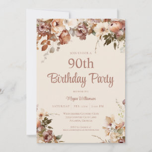 Invitation Elégante Crème et rose 90ème anniversaire floral