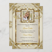 Invitation Elégante Crème Or Pearl Damask Photo Anniversaire (Devant / Derrière)