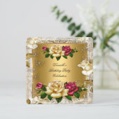 Invitation Elégante Crème Or Rose Rouge Roses Anniversaire (Debout devant)