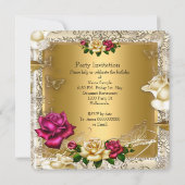 Invitation Elégante Crème Or Rose Rouge Roses Anniversaire (Dos)