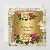 Invitation Elégante Crème Or Rose Rouge Roses Anniversaire (Devant)