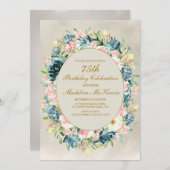 Invitation Elégante Crème Rose Flore Verdure 75e anniversaire (Devant / Derrière)