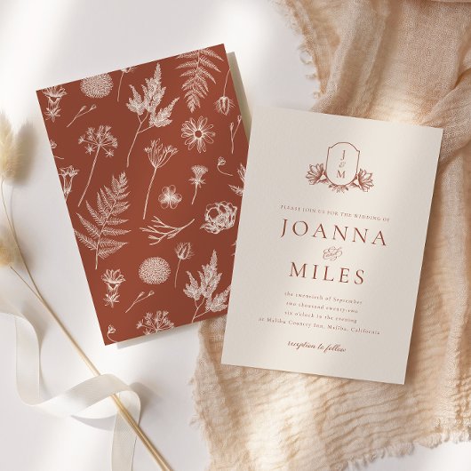 Invitation Elégante Crème & Terracotta Floral Monogram Crest
