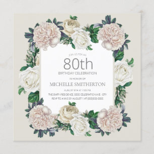 Invitation Elégante Crème Vintage d'ivoire florale 80e annive