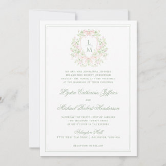 Invitation Élégante crête avec cou rose | Mariage monogramme