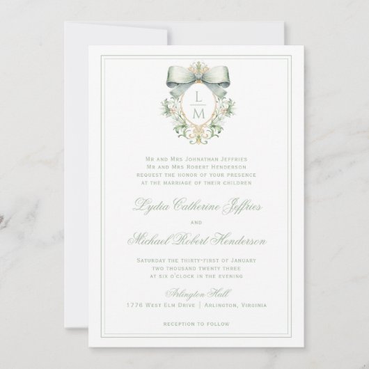 Invitation Élégante crête avec mâchoire verte Sage | Mariage (Devant)