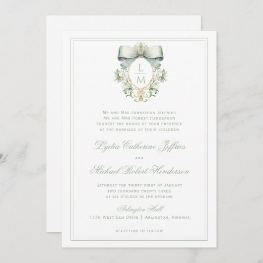 Invitation Élégante crête avec mâchoire verte Sage | Mariage  (Devant / Derrière)