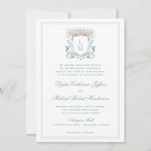Invitation Élégante crête avec Roses | Mariage de monogramme (Devant)