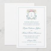 Invitation Élégante crête avec Roses | Mariage de monogramme (Devant / Derrière)