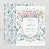 Invitation Élégante crête de mariage avec Rose | Monogramme (Devant / Derrière)
