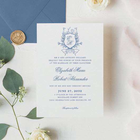 Invitation Élégante crête de Monogramme Bleu Mariage traditio