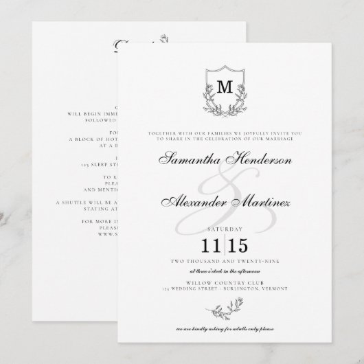 Invitation Elégante crête noire et blanche avec détails Maria (Devant / Derrière)