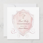 Invitation Élégante crête rose d'aquarelle première communion (Devant)