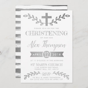 Invitation Elégante croix à huile d'argent & Foliage Christen