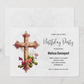 Invitation Élégante croix avec fleurs roses d'anniversaire (Devant / Derrière)