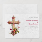 Invitation Elégante croix avec Mariage de fleurs roses (Devant / Derrière)