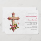 Invitation Elégante croix avec Mariage de fleurs roses (Devant)