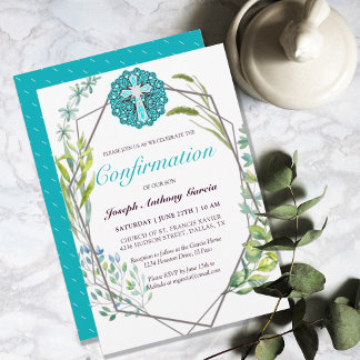 Invitation Elégante Croix Bleue Botanique Confirmation Floral