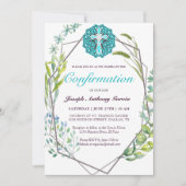 Invitation Elégante Croix Bleue Botanique Confirmation Floral (Devant)